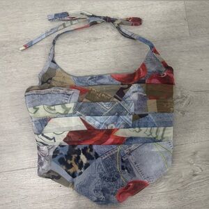 I.AM.GIA Multicolor Patchwork Halter Crop Top - Blue, Red, Tan